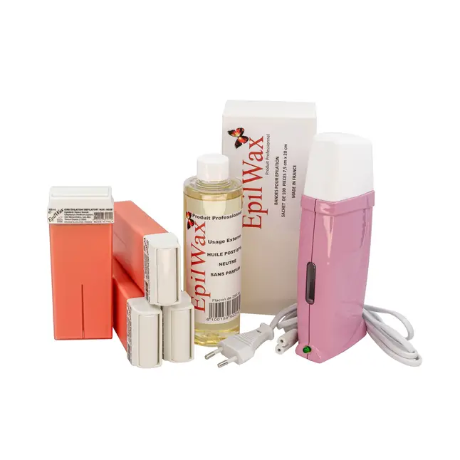 Kit Chauffe Cire Épilation Professionnelle avec 4 x Recharges Roll on Cire , 100 x Bandes d'Épilation et Huile après Épilation - Gamme Royal